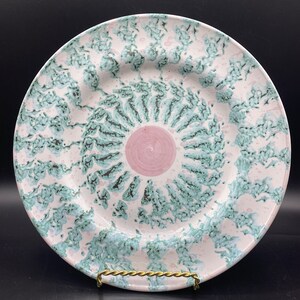 Vintage Italian White, Teal and Pink Handpainted Ceramic Pottery Plate Made by Rosanna Imports Italy Set of 2