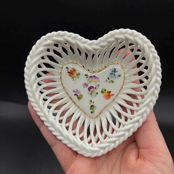 Vintage Herend Hungary Open Lace Heart Shape Handpainted Floral