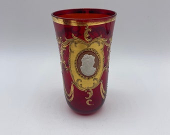 Moser Salviati Venetian Murano Ruby Red Hand Painted Cup and