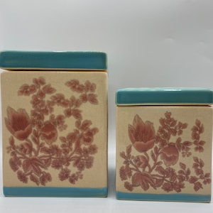 Vintage PIER 1 IMPORTS Fiona Canisters Oriental Style, Dusty Rose Pink and Blue Trim Square Floral Ceramic Storage Cannisters