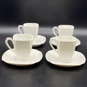 Vintage Art Deco Style White Porcelain Espresso Tea Cup and Saucer Set of 4 (ING)