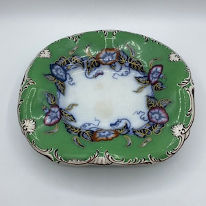 Antique William Brownfield Green Ground Morning Glory Polychrome Blue Ironstone Pedestal Center Bowl Dish