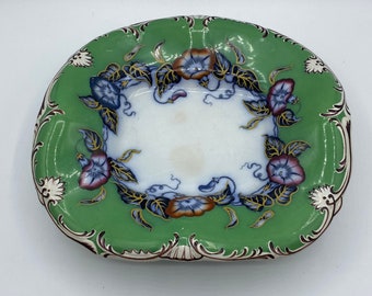 Antique William Brownfield Green Ground Morning Glory Polychrome Blue Ironstone Pedestal Center Bowl Dish
