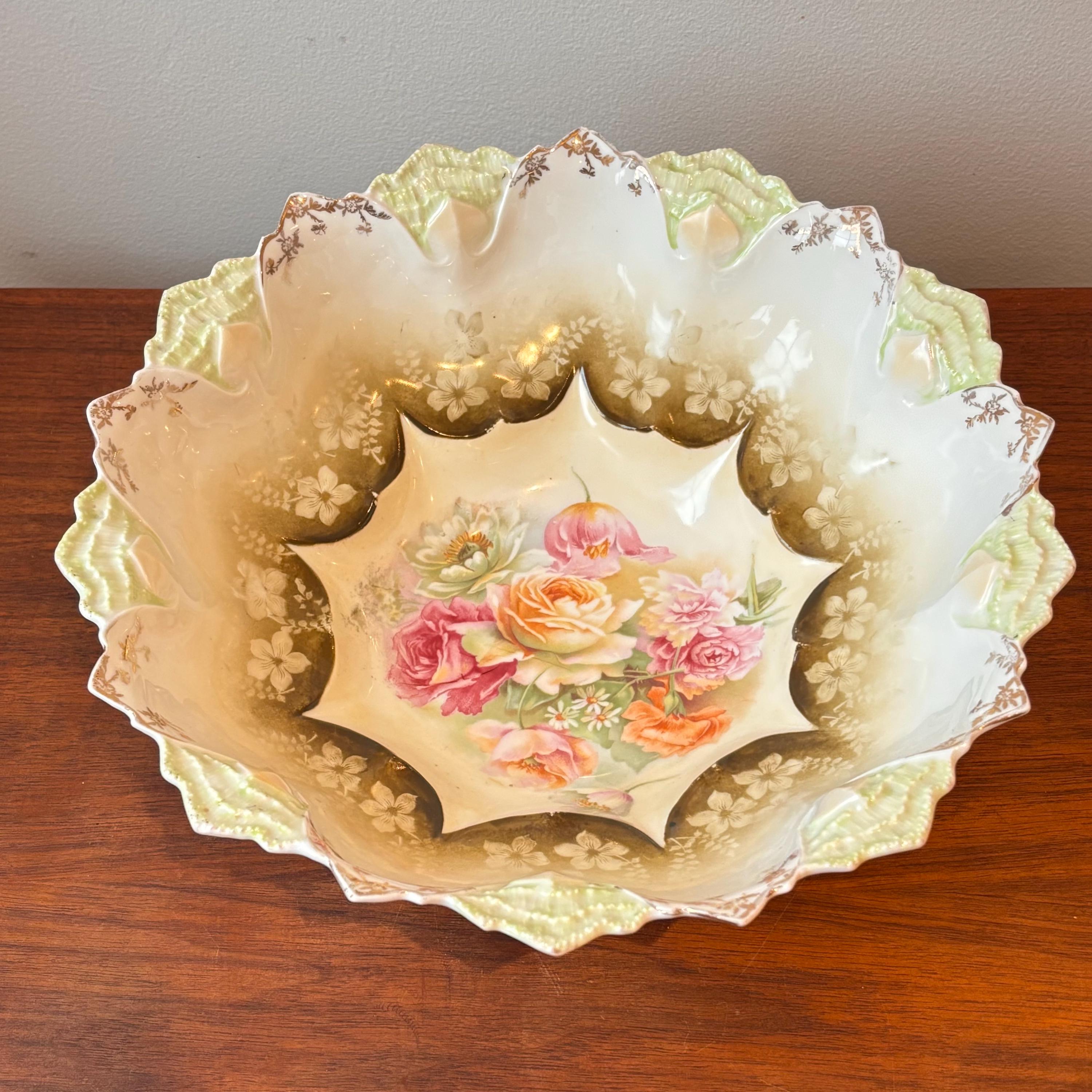 Vintage Art Nouveau Cabbage Rose Handpainted RS Prussia Bowl 10.5