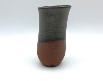 Handmade Artisan Two Tone Red Clay and Grey Thumbprint Vessel Vase, Free Form Vessel Pottery, Minimalist Studio Pottery