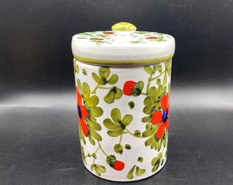 Vintage Italian White Red Poppy Flower Pottery Cannister, Hand Painted Italian Pottery Har with Lid