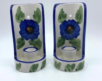 Vintage Handpainted Blue Floral Ceramic Chamber Style Candleholder Wall Sconce, Spanish Folk Art Ceramic Candlestick Holder