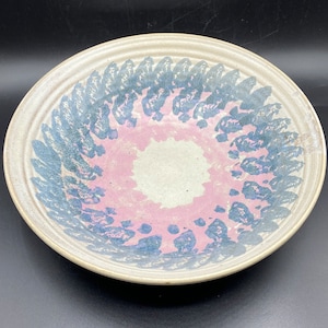 Canadian Studio Art Pottery Large Bowl, Teal Blue and Pink Drip Glaze Fruit Bowl by Deborah Doran