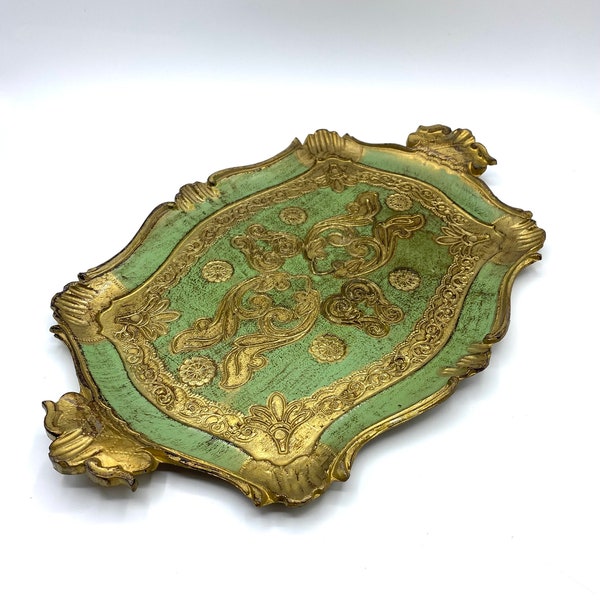 Vintage Art Nouveau Italian Florentine Wooden Toleware Tray Wood Green & Gilt Platter