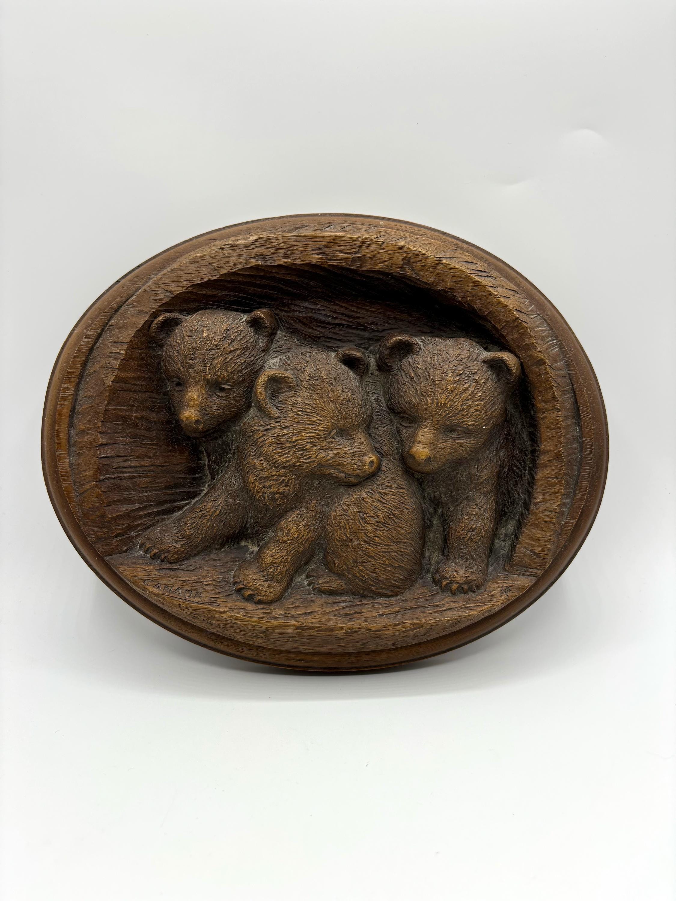 Vintage Bear Cub Wood Carving Wall Plaque Art by Karl Rothammer