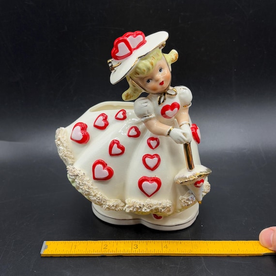 Vintage Relpo Valentines Lady Planter: Heart Dress, Parasol, Japan