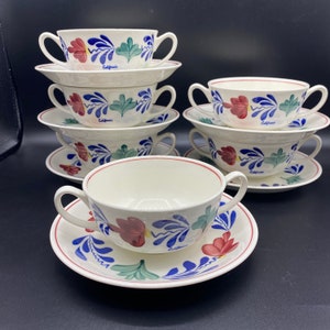 Vintage Royal Boch Boerenbont Two Handle Cream Soup Cup and Saucer Set of 6