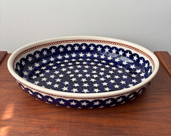 Vintage Boleslawiec Pottery Oval Serving Tray: Blue Star Pattern, 12”