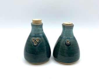 Vintage Stoneware Teal Blue Glaze Pottery Bottle Shape Salt and Pepper Shakers, Signed by Potter Sandi Dagg Prince Edward Island PEI Pottery