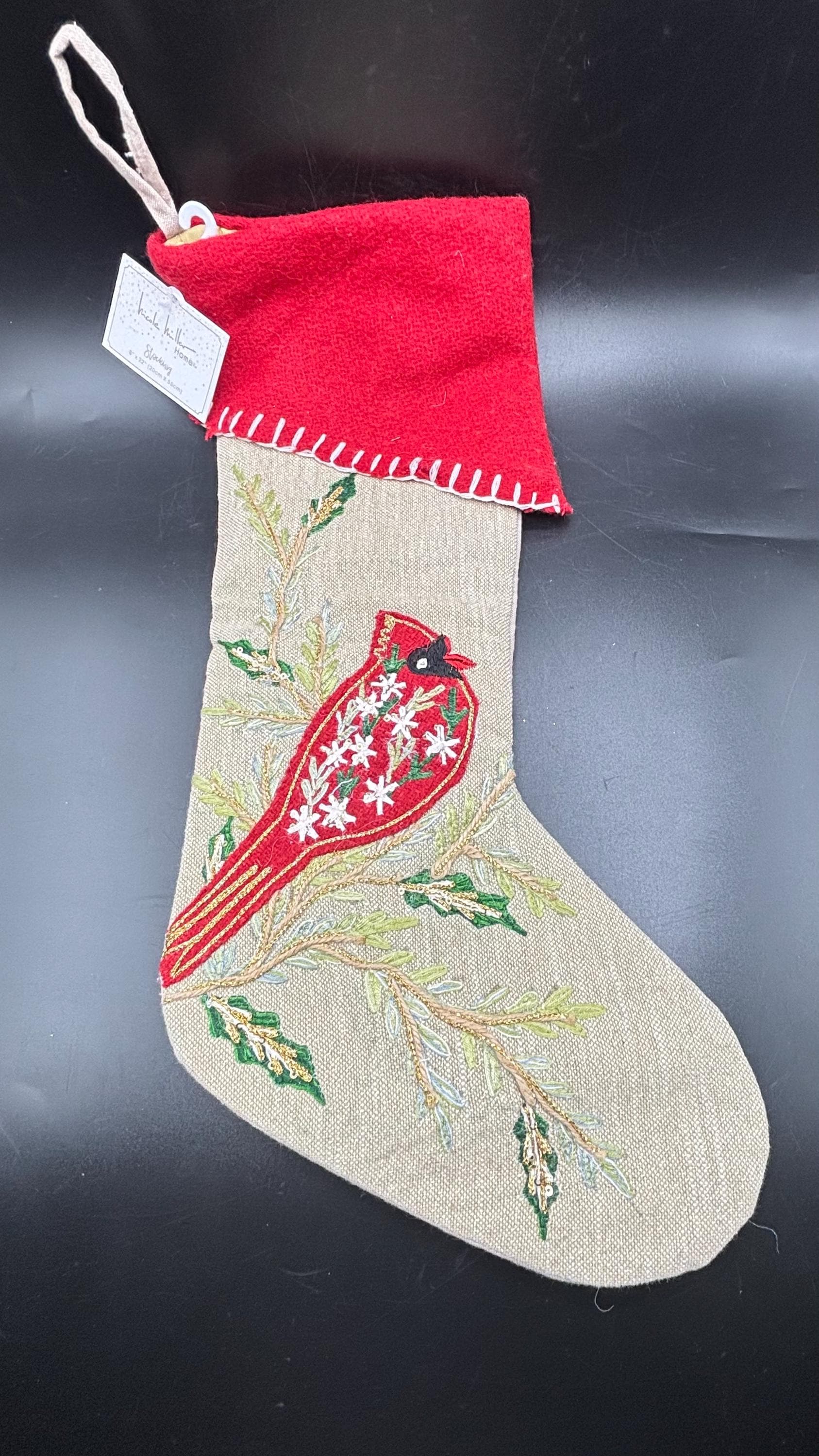Nicole Miller Embroidered Cardinal Bird Christmas Stocking - 22