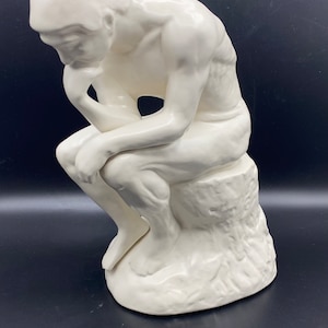 Vintage große weiße Keramik Rodins „Der Denker“ oder denkender Mann Skulptur Figur oder Buchstütze 28 cm