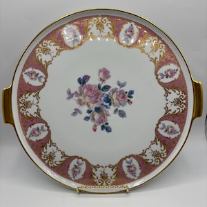 Vintage AK Kaiser Pink and Gold Porcelain Floral West Germany Large Handled Cake Plate Charger 13.75”
