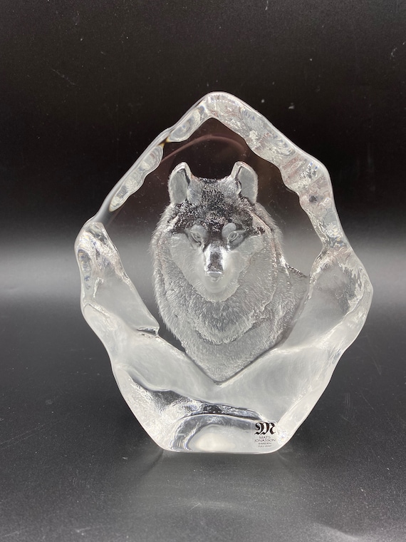 Rare Matt Jonasson Sweden Husky Wolf Crystal Sculpture Paperweight