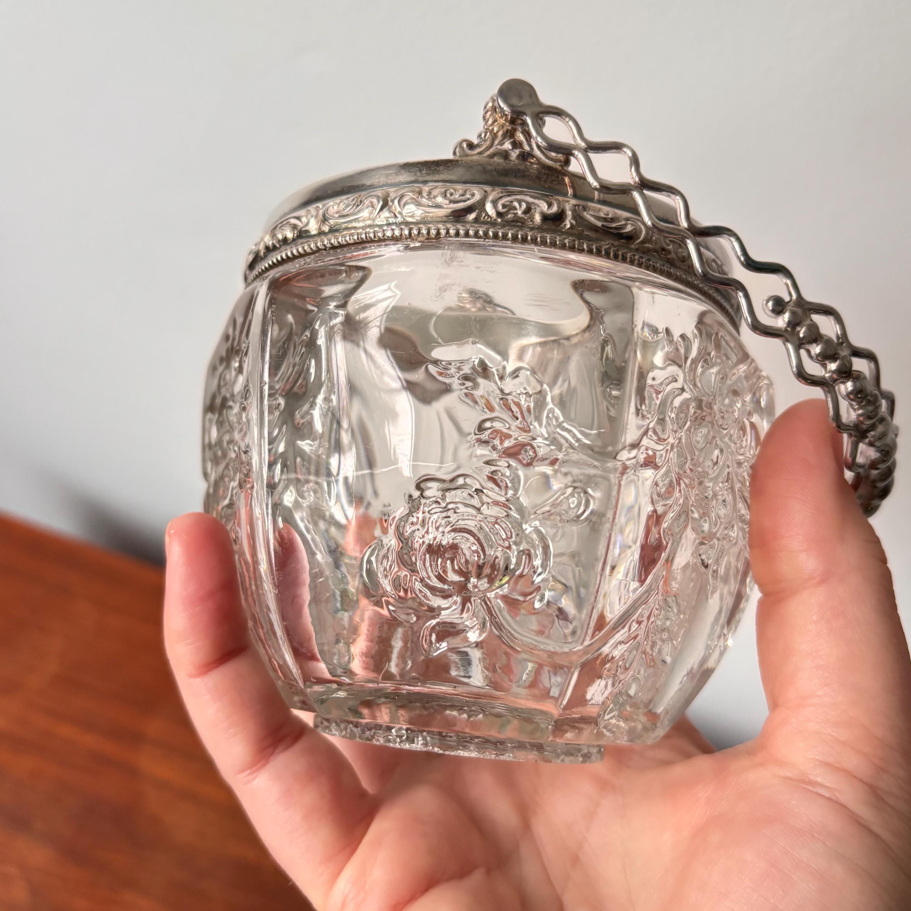 ヴィンテージ ルイ16世スタイルの銀メッキガラスジャム瓶、ハンドルと