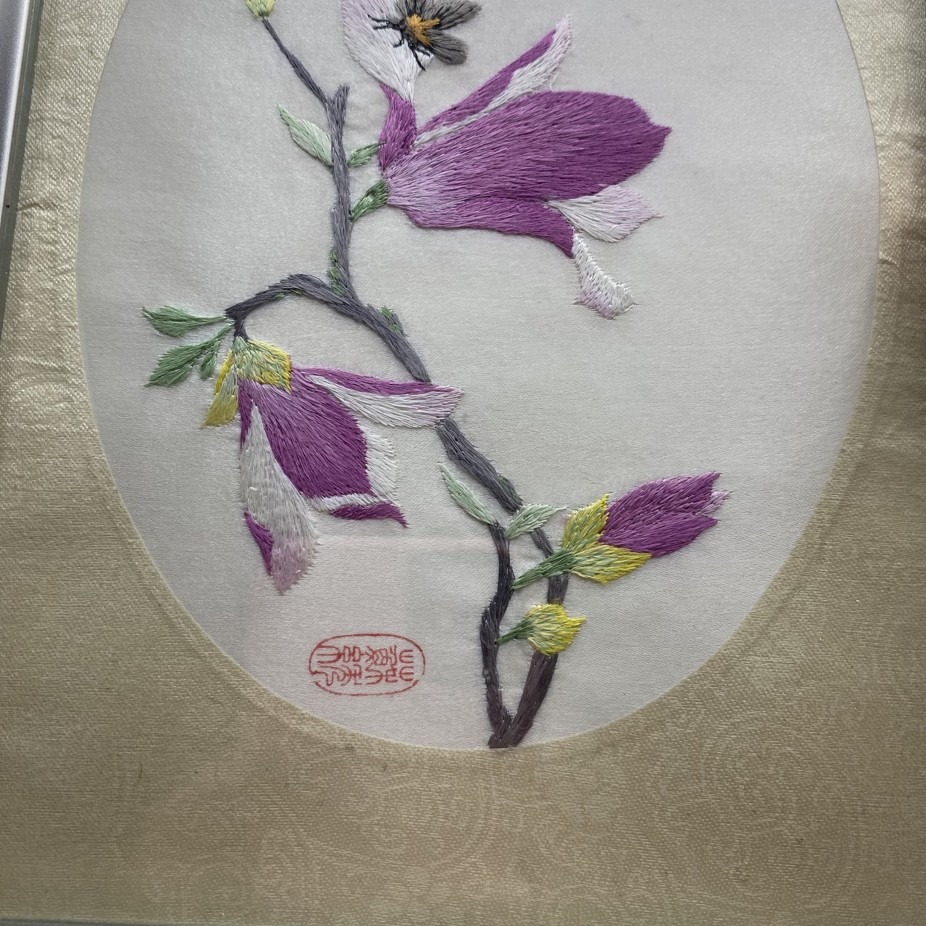 ヴィンテージ オリエンタル シルク 花と蝶の刺繍 針仕事 アートワーク