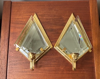 Vintage Art Deco Style Partylite Diamond Shaped Gold & Beveled Mirror Candlestick Wall Sconces Set of 2