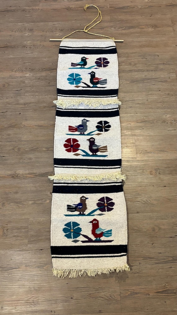 Vintage Zapotec Bird Wool Rug: Handwoven Oaxaca Wall Hanging