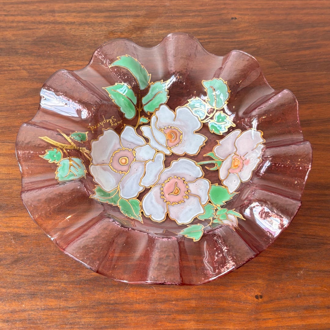 Vintage Pink Ruffle Art Glass Plate: Hand-painted Floral Design, Signed ...