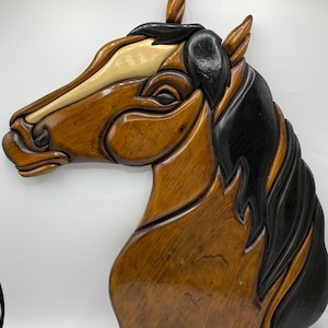 Intarsia Wood Horse Head Wall Art, Large Hand Crafted 3 Dimensional Horse