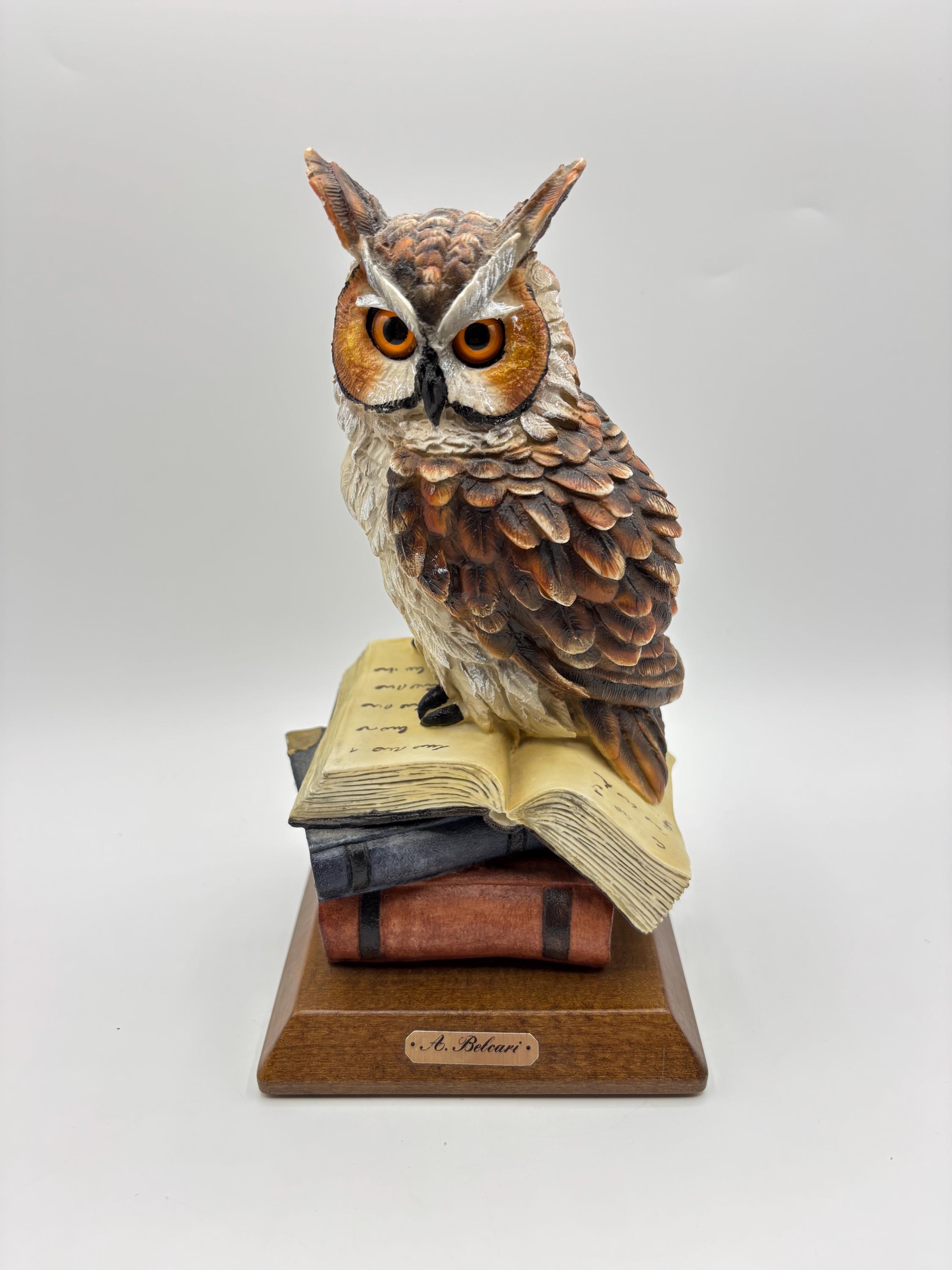 Vintage Auro Belcari Italy Horned Owl Carved Sculpture Figurine
