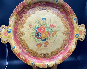 Vintage Large 19” Wooden Paper Mache Floral Tray Made in Japan