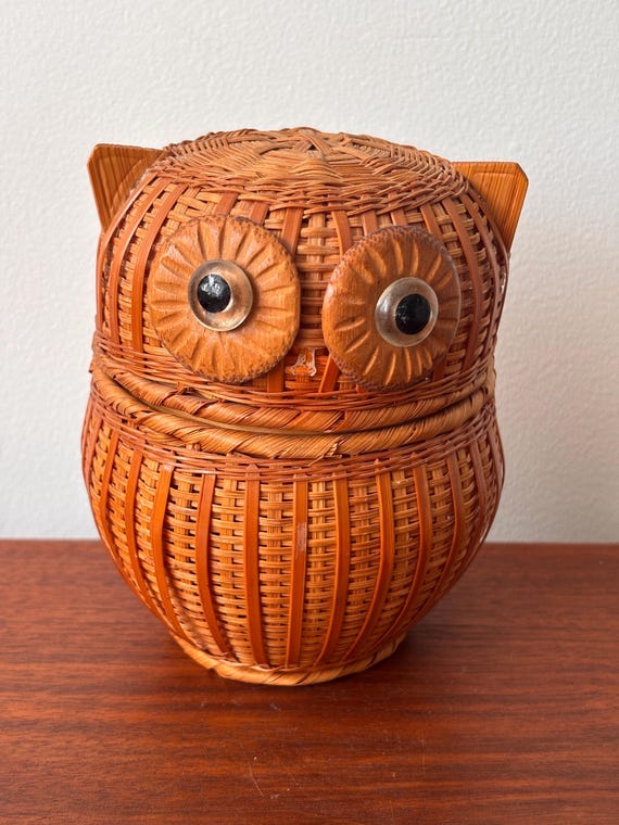ヴィンテージ籐編みフクロウ小物入れ、バスケット収納、日本製 - Etsy 日本