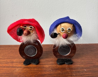 Vintage Wooden Gnome Red Hat Elf Troll With Pipe Wire Glasses Made