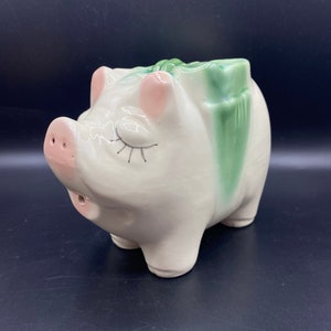 Vintage American Bisque Green Bow USA Pottery Pig Piggy Coin Bank