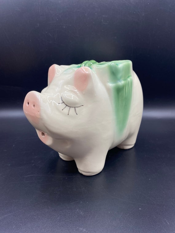 Vintage American Bisque Green Bow USA Pottery Pig Piggy Coin Bank Etsy UK