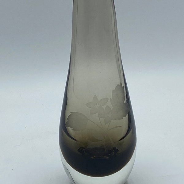 Vintage Smoked Glass Teardrop Bud Vase by Caithness Glass, Stroma Range with Etched Autumn Leaves Artist Signed