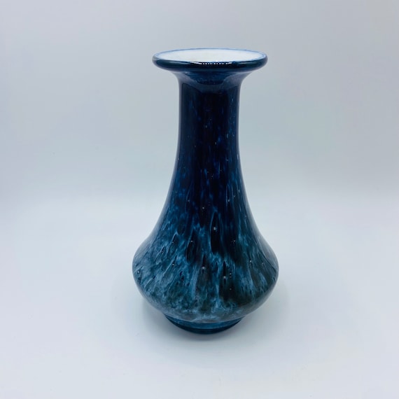 Vintage Art Glass Makora Krosno Poland Blue Bubble Bottle Vase