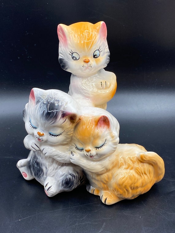 Vintage Kitschy mignon maman chat avec 2 chatons espiègles