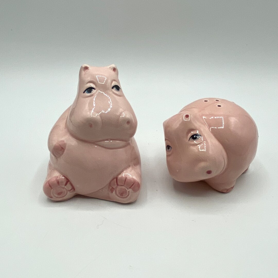 Vintage Anthropomorphic Hippo Salt and Pepper Shakers Ceramic Pink