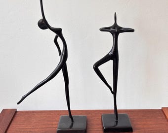 Vintage pair of BODRUL KHALIQUE Black Lacquered Bronze Ballet Dancers Modern Abstract Sculpture c1960’s