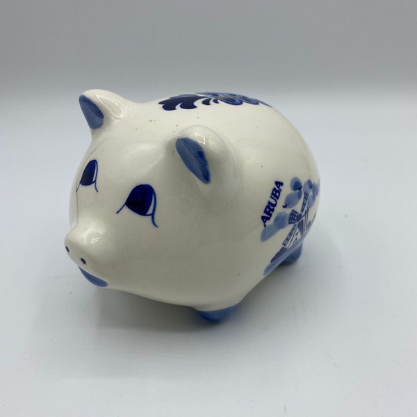 Vintage Handpainted Delft Blue Pig Piggy Bank Blue White Windmill Floral Design Aruba