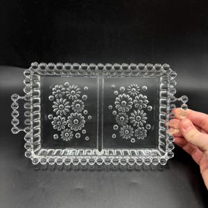 Vintage Clear Glass Daisy Embossed Divided Relish Tray with Handles