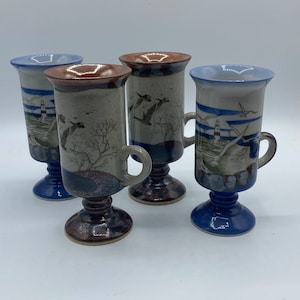 Set of 4 Vintage Japan Otagiri Irish Coffee Stoneware Pedestall Mugs with Seagulls and Boats Stoneware Mugs