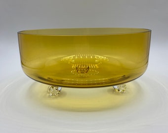 Vintage MCM Amber Glass Footed Compote Bowl with Clear Glass Feet, MCM Art Glass Bowl