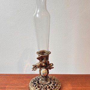 Vintage Victorian Art Nouveau Glass Fluted Bud Vase with Gold Tone Filgree Base and Floral Embellishment 10.5”