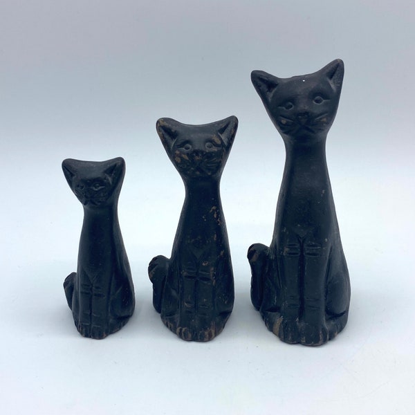 Vintage Red Ware Clay Pottery Cat Family Made in Mexico Set of 3, Trio of Mexican Black Cat Figurines