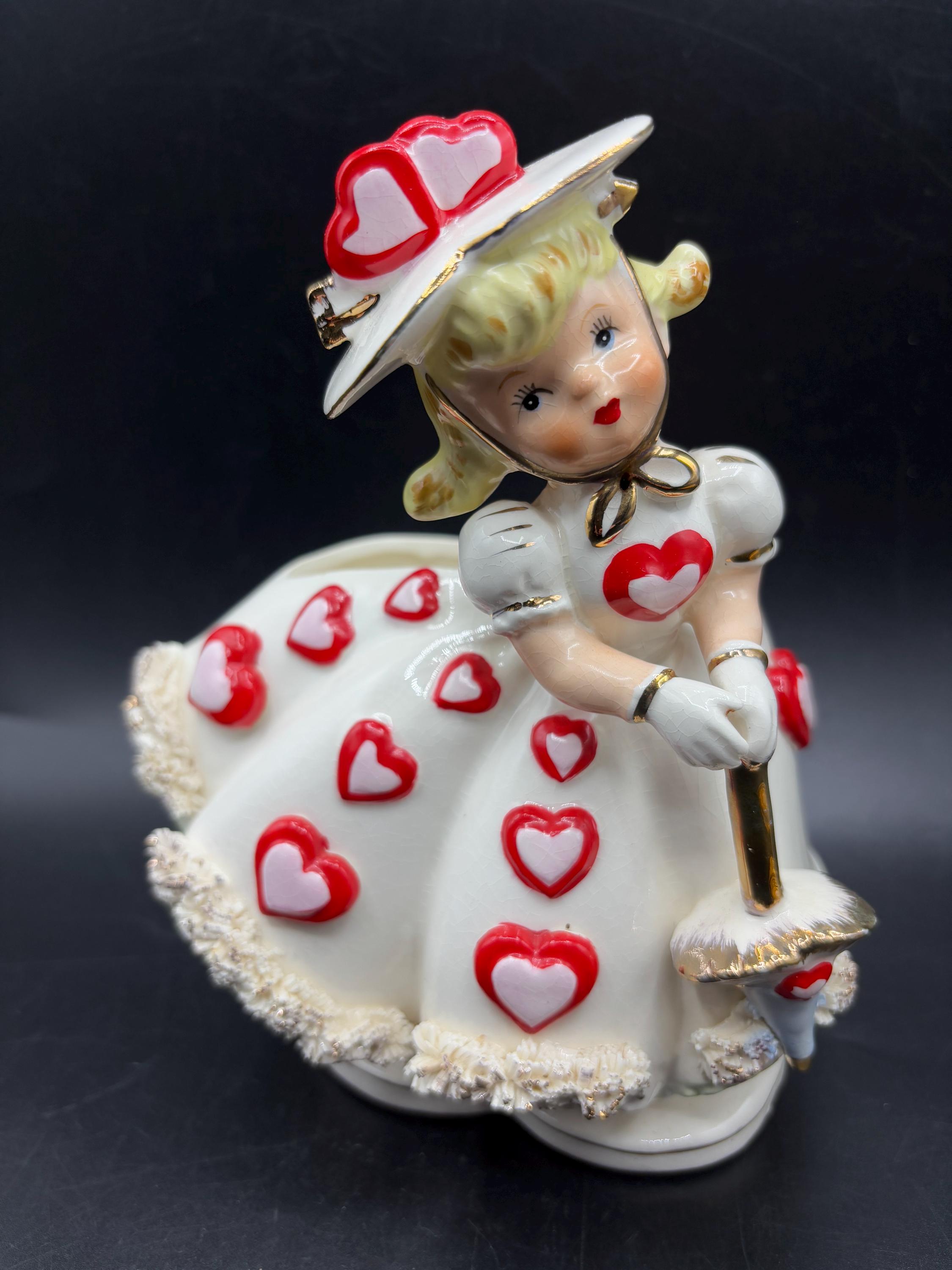 Vintage Relpo Valentines Lady Planter: Heart Dress, Parasol, Japan