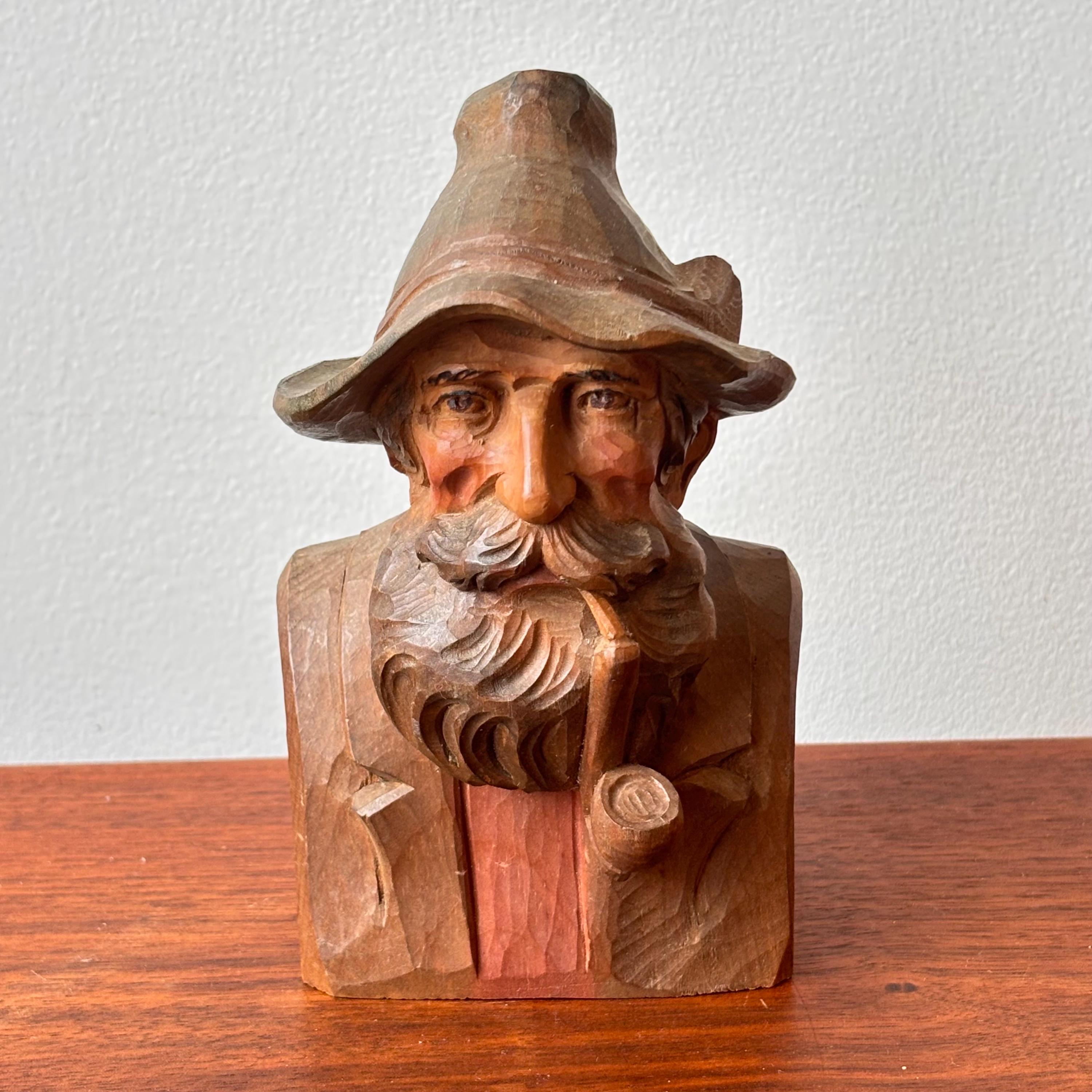 Vintage Gentleman Smoking a Pipe Hand Carved Wood Oberammergau