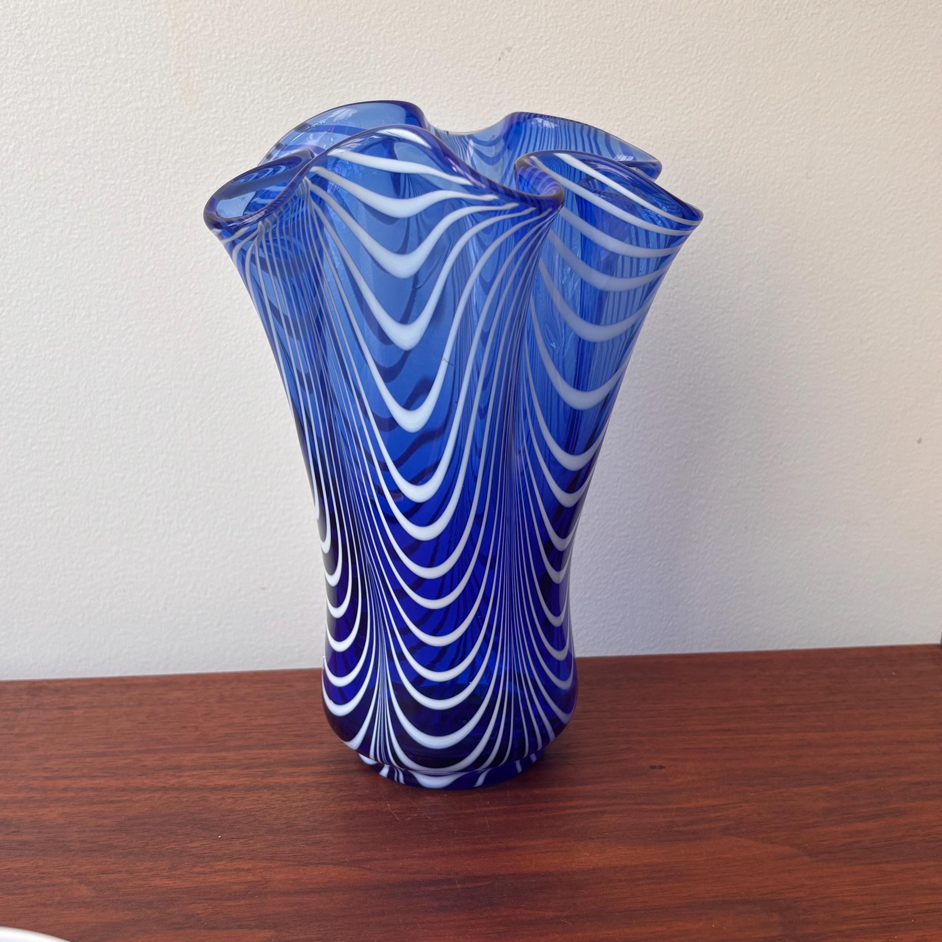 Vintage MCM Blue Feathered Art Glass Handkerchief Vase - 8.5