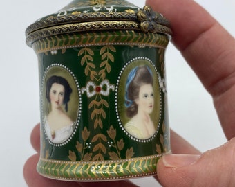 Beautiful Vintage Green Porcelain Hand Painted Victorian Lady’s Limoges Hinged Trinket Box