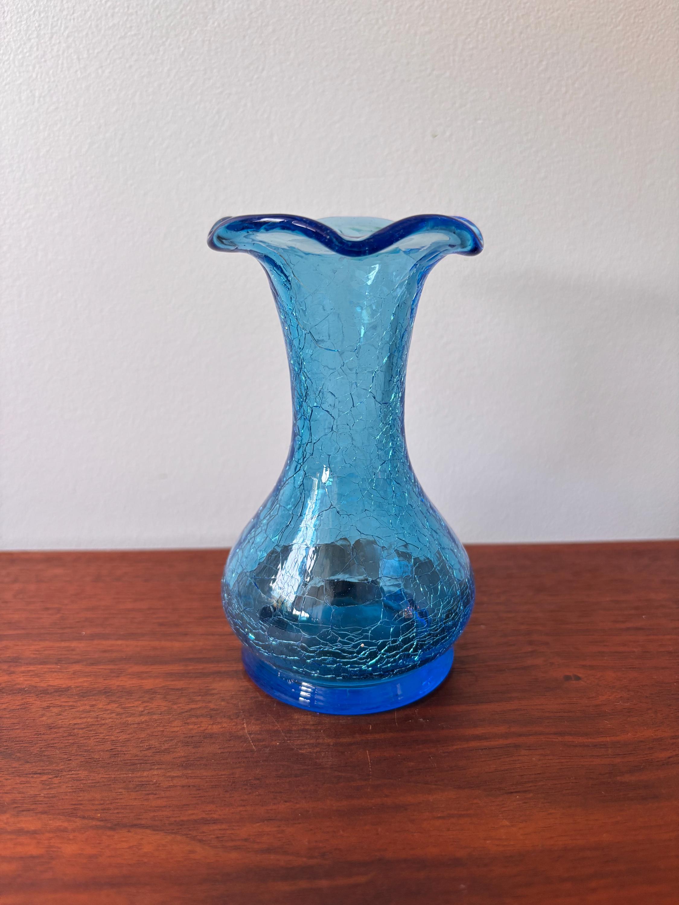 Vintage Blue Crackle Art Glass Ruffle Edge Bud Vase 5” - Etsy